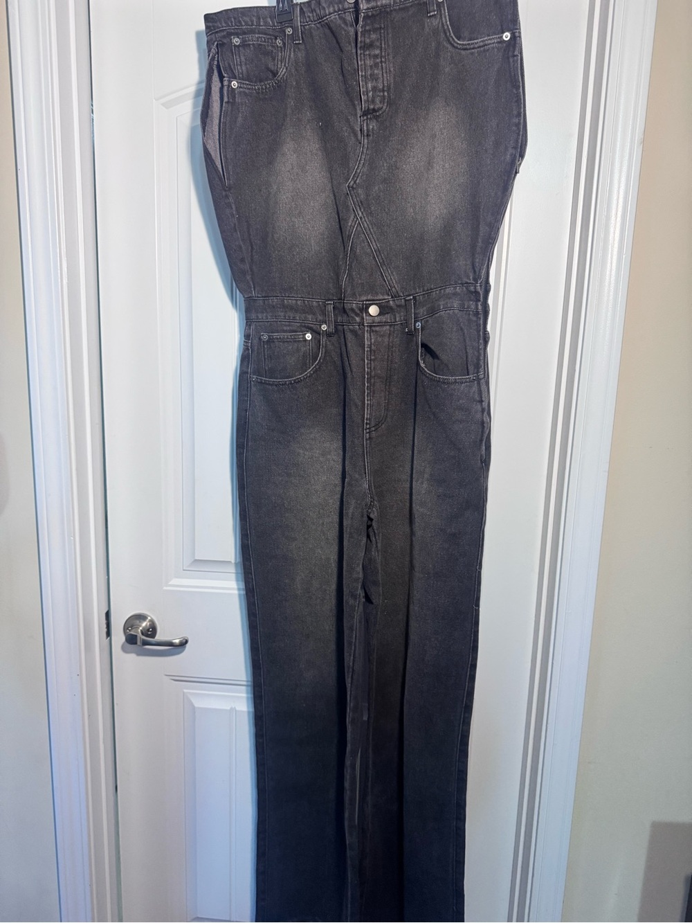 Black One Shoulder Denim Jumpsuit